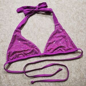 Luxury Rhinestone Fuchsia Triangle Halter Bikini Swim Top #8